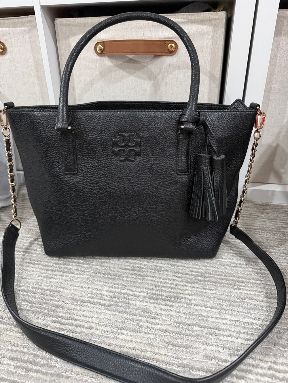 Tory Burch Black Pebbled Leather Tassel Tote with Chain Strap